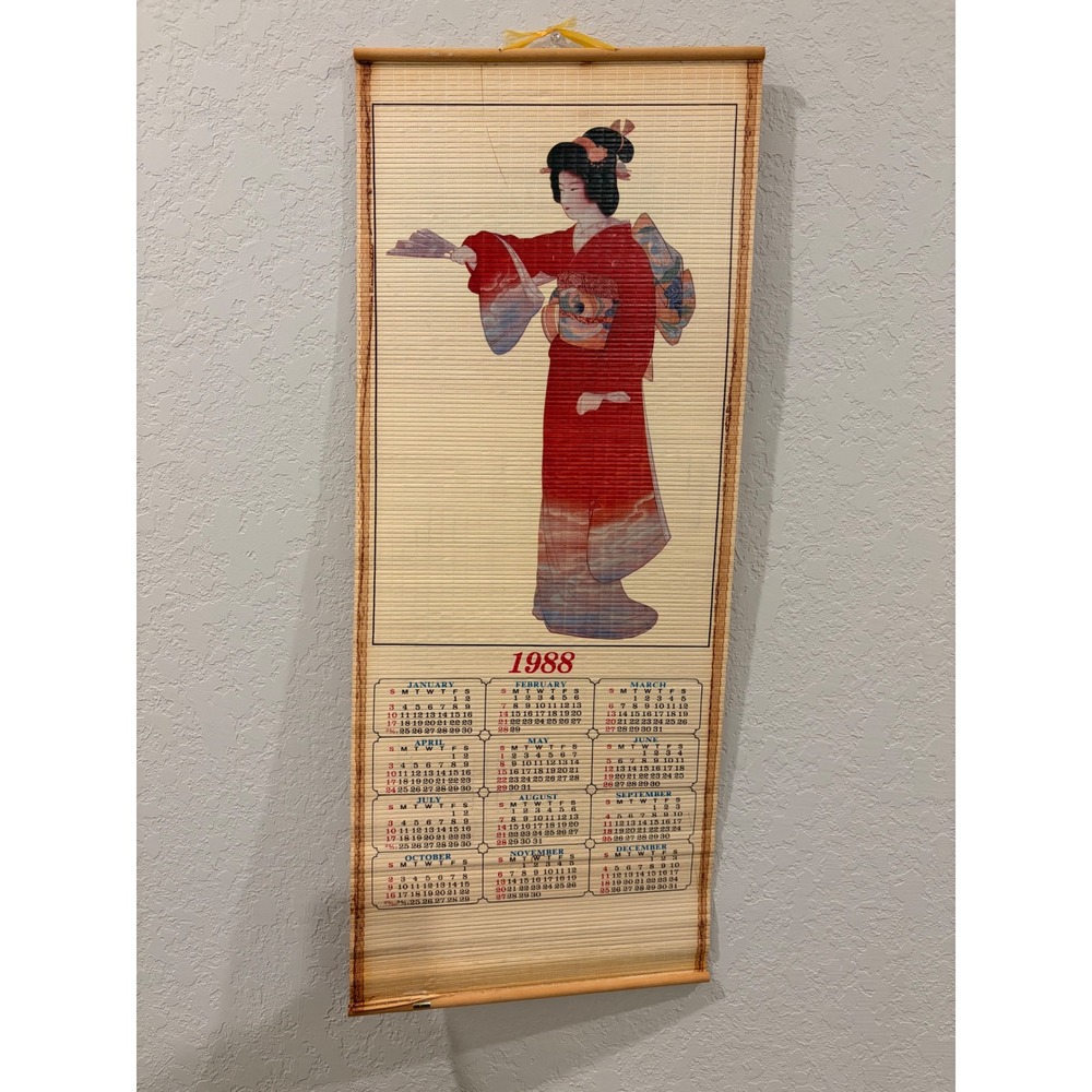 Vintage 1988 Japanese Bamboo Scroll Calendar Geisha Birds Double Sided Wall Art